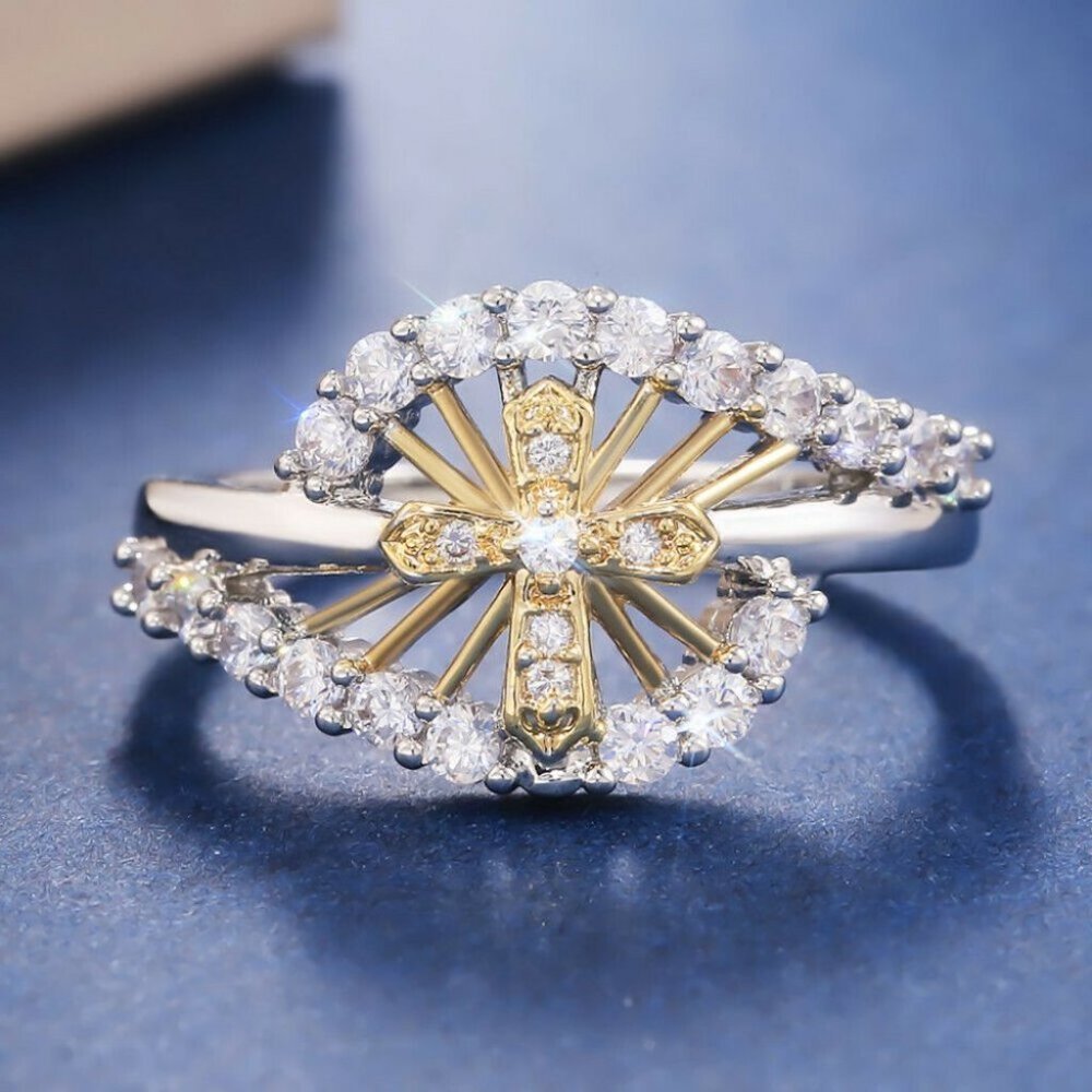 Gorgeous Two-Tone Gold Sterling Silver Diamond Cross Ring - Picture 2 of 5